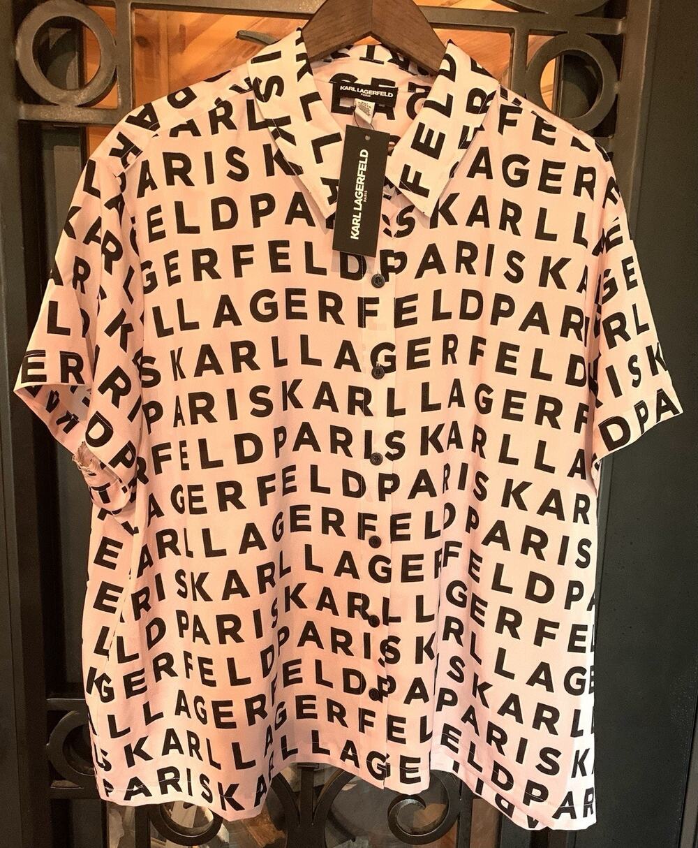Karl Lagerfeld Paris NWT Womens Pink Allover Logo Button Up Shirt Blouse 2X